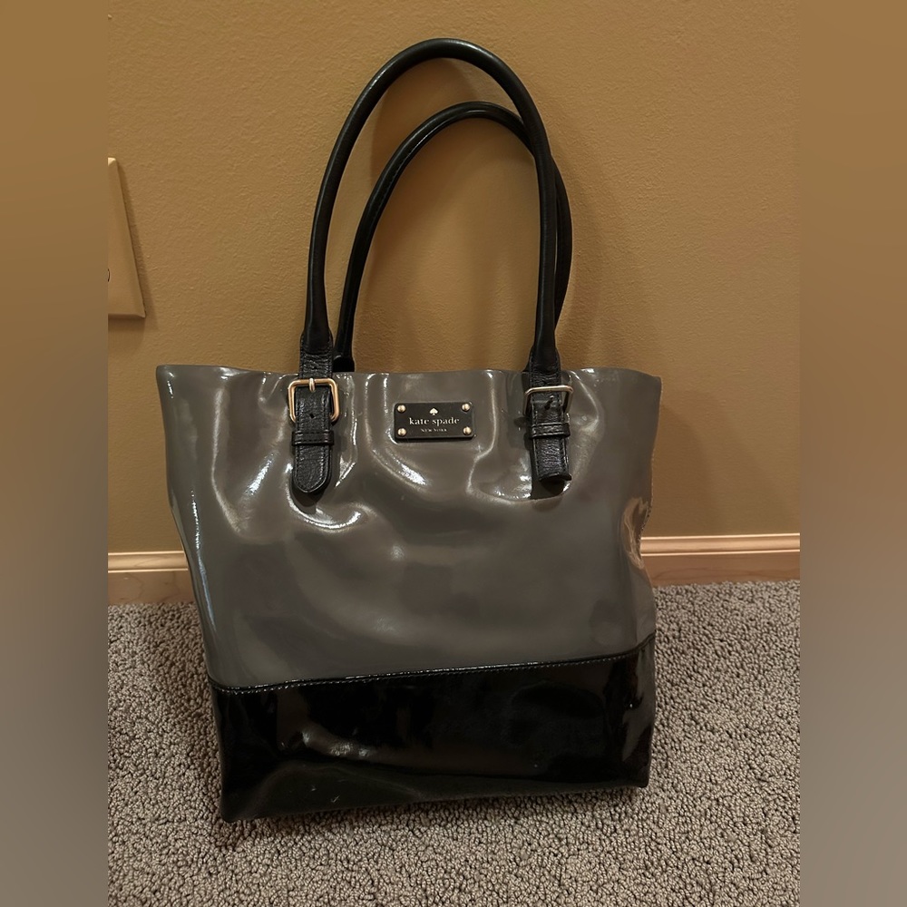 Kate Spade patent leather grey/black colorblocked tote